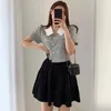 Korejpaa Dames Set Zomer Korea Chic Temperament Contrast Color Revers Check Single-Breasted Blouse High-taille Puffy Skirt 210526