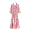 Sommar vintage tryckta boho semester stil o neck lace-up tofs big swing klänning kvinnlig lång kjol mode 210508