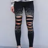 Jeans negros de tres botones con agujeros de cintura alta Cadena de oro Jeans rasgados para mujer Casual Vintage Holes Boyfriend para mujer