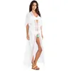 Bikini-Vertuschungen Weiße Baumwolltunika Frauen Plus Size Strandkleidung Elegante lange Kimono-Cardigan-Sarongs Badeanzug-Vertuschung Q1075 210420