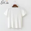 H.SA Short Sleeve Shirt for Women Lace Stitching Fake Two Piece T-Shirts Blue White Cotton Summer Tee Tops Femme 210417