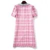 Femmes Coton Tweed Mini Robe Dames Glands À Manches Courtes Col Claudine Perles Bouton Chic Rose Plaid Robes Vestidos 210416