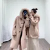 Damen Wollmischungen 2022 Rosa Echtpelzmantel Winterjacke Frauen Natürlicher Kragen Kapuze Kaschmir Wollmantel Damen Casual Oberbekleidung Bery2