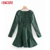 Women Green Floral Print Square Neck Long Sleeve Ladies Mini Dress Vestidos XN314 210416