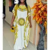 Kvinnor Lös Klänning O Neck Maxi Långtryckta Afrikanska Stora Ärmar Kvinnor Mode Plus Storlek Damgul Vit Robes Vestidos 210416