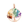 JLN Gemstone Rond Cabochon Vie Arbre Pendentif Puce Pierre Fil Enveloppé Quartz Sept Chakra t Charme Avec Chaîne En Laiton Collier