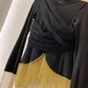 Patchwork Chain Tassel Toppar för kvinnor Stand Collar Flare Ärm Mesh Slim T Shirts Kvinna Höst Fashion 210524