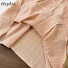 Neploe col en V pull à manches courtes Robe femmes taille haute hanche une ligne genou longueur Vestidos été Plaid Vintage Robe 210510