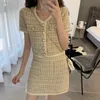 Summer Tweed Skirt Suit Fashion Elegant Women Sexy Short Sleeve Single-Breasted Tops + Mini Set 2 Piece sets 210531