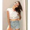 Elegant White Women Tank Top Square Collar Short Sleeve Lace Patchwork Button High Street Ladies Crop Tops W778 210526