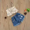 2-7Y летний ребенок ребенок девушка девушка одежда набор цветок оборками топы жемчужины джинсовые шорты наряды пляж праздник костюм 210515