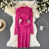 New design women's o-neck candy color puff long sleeve knitted knee length pencil dress