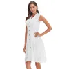 High quality line cotton lady elegant dress button up V-neck sleeveless button long white Summer dress with pocket A0987 210526