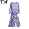 TRAF Women Chic Fashion Paisley Print Pleated Midi Dress Vintage Long Sleeve Back Zipper Slit Female Dresses Mujer 210415