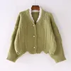 H.SA Women Short Fall Sweater and Cardigans Pearls Beading Oversized Jumpers Green Outwear Knit Top Winter Ctop Jacket 210417