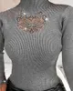 Kış Zarif Kadınlar Uzun Kollu Bluz Kazak Eğlence Temel Terlemeler Femme Katı Üst Mock Boyun Çivili Bayan Giyim Güz 210415