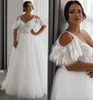 White Plus Size Wedding Dress A Line Sexy V Neck Straps Off The Shoulder Bridal Gowns Corset UP Back Sweep Train Lace Marriage Dresses