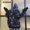 AQOIA Hiver Graffiti Impression Lâche Femmes Hoodies Y2K Sweats Poches Surdimensionné Épais Sweat Femmes Vêtements 210521