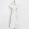 White Elegant Dress For Women V Neck Raglan Sleeve High Waist Hollow Out Ankle Length Dresses Female Style 210520