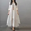 Spring Summer Women Long Cotton Linen Dress White Plus Size False Two Pieces O-Neck Maxi es Office Casual Loose 210623