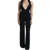 Mulheres Sexy Macacão Sling Lace Up Drawstring Backless Deep V Jumpsuit Largo Perna Calças Zipper Atadura Cortar Sólidos Macacões Preto Completo Outfits