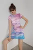 Designer Malha Verão Bodycon Dress Mulheres Rosa Nuvem Impressão Carrinho Colarinho De Manga Curta Apertado Mini Alta Moda 210427