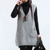 Pull femme printemps automne coréen col en v tricot long en forme de poche gilet pull sans manches 211103