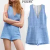 Tuta corta scozzese strutturata blu Donna Casual Primavera scollo a V senza maniche Tute donna eleganti Combishort 210519