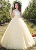 Księżniczka Koral Kwiat Girl Dresses Sheer Neck Lace Zroszony Rękawów Gorset Powrót Tulle Child Pageant Wedding