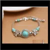 Link, Chain Drop Delivery 2021 Tibetan Sier Color Turquoise Bracelets & Bangles Inlay Butterfly Bead Nation Bohemian Adjustable For Women Fas