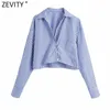 Zevity Women Vintage Turn Down Collar Striped Print Short Smock Blouse Office Lady Long Sleeve Shirts Chic Loose Tops LS9005 210603