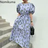 野名韓国の花のプリントドレス女性O首の短いパフスリーブ夏のドレススリムな腰レースアップカジュアルなファッションローブフェムメ210514