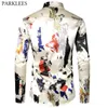 Printed Silk Mens Shirt Splashing Ink Dress for Party Casual Slim Fit Long Sleeve Prom Daily s Masculina 210721