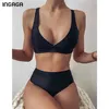 INGAGA Sexy Bikini's maillots de bain noir maillots de bain femmes Push Up Biquini taille haute maillot de bain été col en v maillots de bain 210722