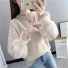 Girl Mesh Long Sleeve Knitted Sweater Female O-neck Loose Lazy Stitching Lantern Lace Bottoming Jumper Spring 210427