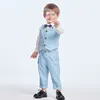 Wiosenna jesień chłopca dżentelmena garnitur biała koszula z muszką+kamizelka w paski+spodnie 3pcs formalny zestaw ubrania dla dzieci