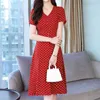 Fashion Women Robes Elegant Summer Red Robe A-Line Dot Button Short V-Neck Robe Femme Office Dame 3316 50 210527