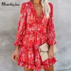 Floral imprimé Mini robe femmes Sexy dos nu élégant rose à manches longues à volants bal fête été plage robe courte Vestido 210630