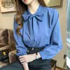 Blue Latern Lange Mouw Single-Breasted Blusas Bow V Collar Lady's Shirt Herfst Stijl Top Chiffon Blouse OL 10693 210508