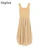 Neploe Autumn Japan Style Slim Fit Dress Elegant Sleeveless Mesh Knitted Patchwork Dresses Sexy Square Collar Chic Shinny Robe 210423