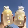 Bouteilles à boire avec échelle et 2 couvercles, 480ml, jus de lait de marguerite, eau mignonne, paille en verre givré, Kawaii