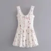 Sweet Chic Floral Print Lace Bow Tie Mini Dress Women Fashion Backless Square Collar Strap Dresses Cute Girls Outfits 210531