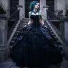 Vintage Svart Victorian Gothic Civil Ball Gown Bröllopsklänningar Korsett Strapless Prinsessan Punk Style Land Bride Dress Plus Size Tiers Kjol Vestidos de Novia