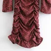 Summer Women Vintage Plised Mini Dress 3/4 Rękaw Square Collar Drukuj Elastyczność ES Kobieta Elegancka impreza 210513