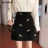 Minigonna in velluto a coste stile coreano primavera Gonne a vita alta con ricami floreali dolci Harajuku A-line nero elegante femminile Jupe 210520