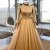 2022 Bling Gold Sears Pearls Sukienki wieczorne Prom Quinceanera A-line wysoko szyi Muzułmańska sukienka Muzułmańska Talia