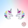 unicorn Colorful Memory Stud Earrings for Women High Quality 100% 925 Sterling Silver Jewelry Gift