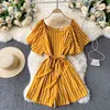 Singreiny Dames Retro Gestreepte Rompertjes Koreaanse Vierkante Kraag Korte Mouw Lace Up Jumpsuit Zomer Vakantie Strand Korte Rompertjes 210419