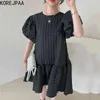 Korejpaa Women Dress Summer Korean All-Match Round Neck Stand Collar Texture Design Loose Ruffled Doll Puff Sleeve Vestido 210526