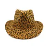 Super Fine Wide Roll Brim Faux Wool Hat 2022 Ny Leopard Print Cowboy Felt Fedora Mössor för Kvinnor Män Party Bröllop Jazz Cap